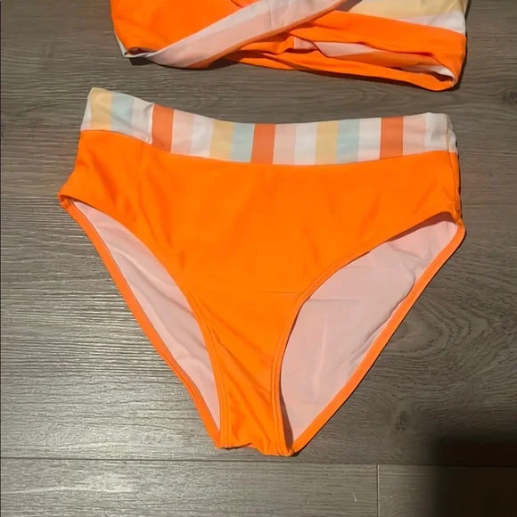 Orange and White halter Bikini with multi coloe Stripes - Picture 3 of 5